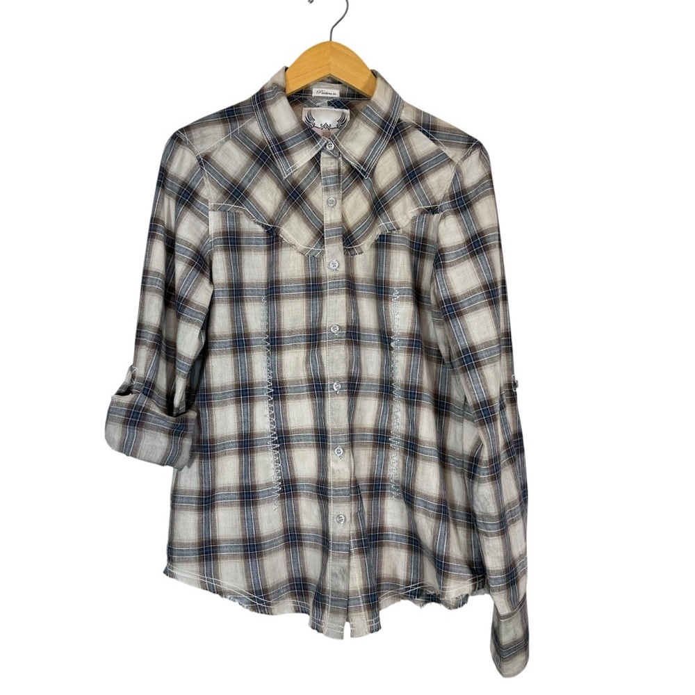 Roar Western Shirt Womans XL Plaid Roll Tab Sleeve Embroidered Marbled Raw Hem